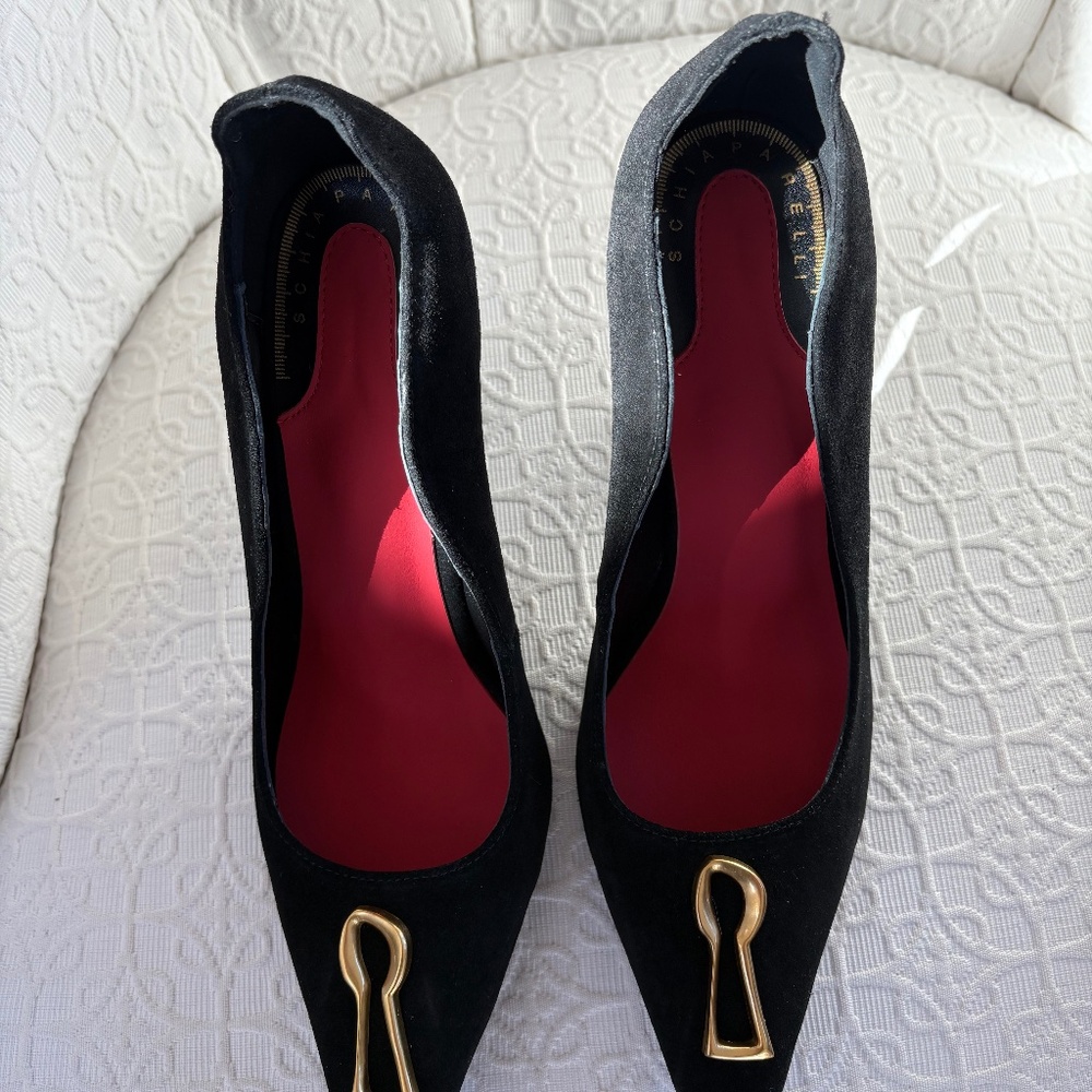 Black Suede Pointed-Toe Flats with Gold Accent - Women's